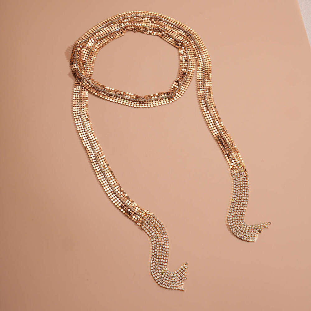 Exaggerated Metallic Rhinestone Long Tassel Necklace Waist Chain Light Luxury High-end Cross-border Niche Personality Jewelry