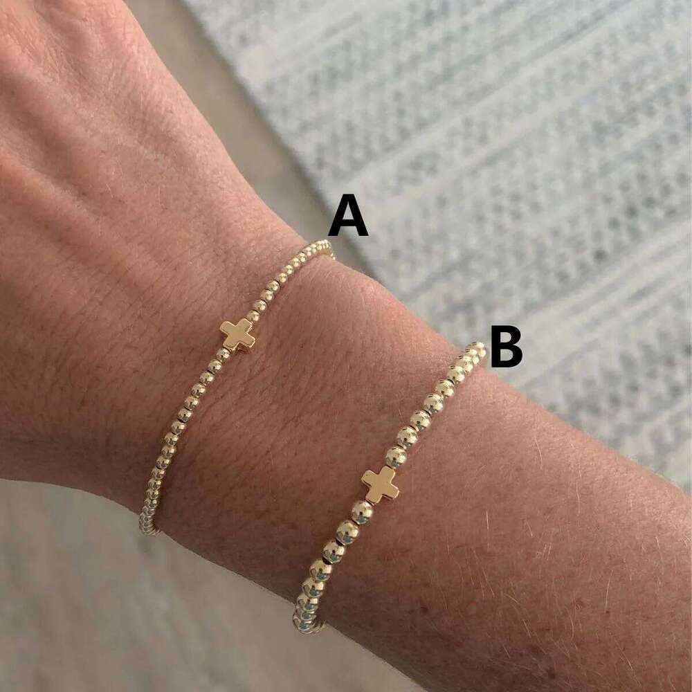CCGOOD Elegant Gold Plated Beads Bracelet with Cross Charm for Women Religious Jewelry Stretch Elastic Pulseras Gift Idea 25H1229