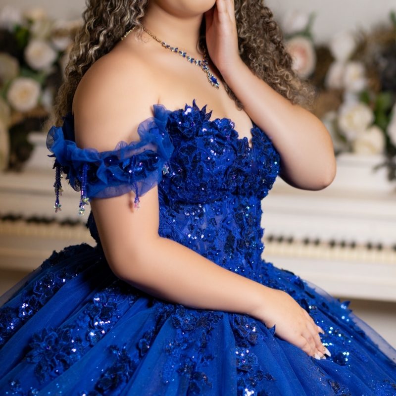 Royal Blue Shiny Quinceanera Dresses Ball Gown Off The Shoulder Applique Lace Beads Corset Party Birthday Sweet 16 Dres Vestidos 15 Anos