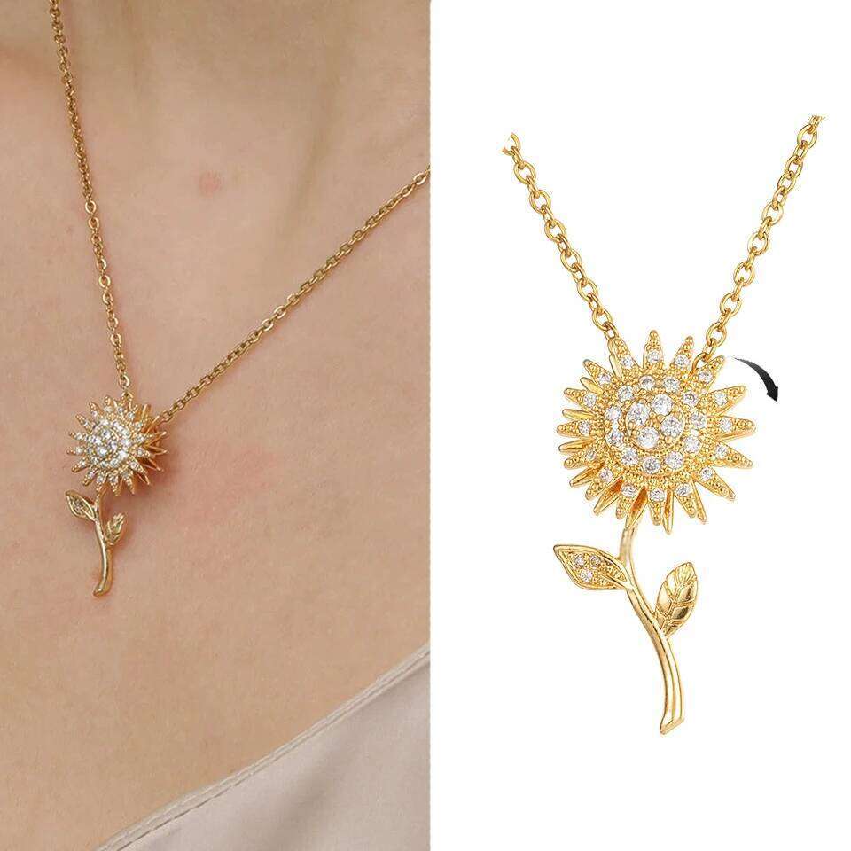 ZAKOL Exquisite Rotating Sunflower Zirconia Flower Pendant Fashion Plant Flowers Gold Color Chain Choker Necklace Gift