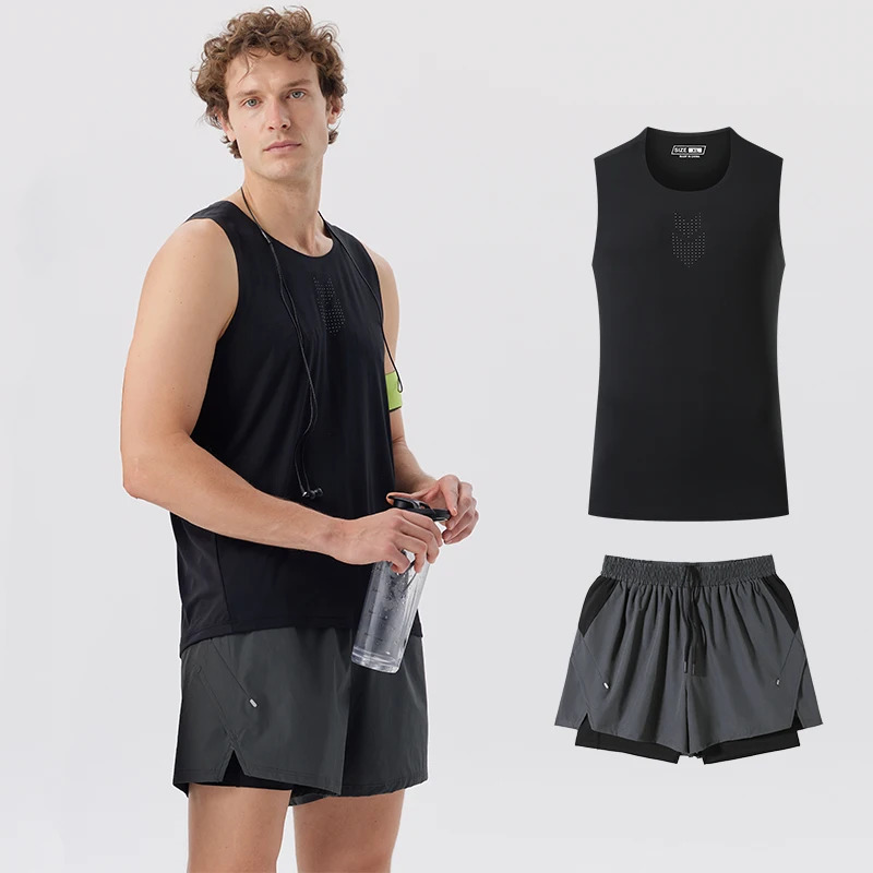 Mens Quick Dry Running Suit Sports Vest Set Gym Clothing Fitness Training Sportswear with Shorts for Jogging Tracksuit 251219