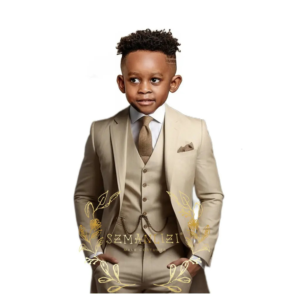 Suit Boys Wedding Tuxedo Beige Jacket Vest Pants 3 Piece Set Formal Clothes Holiday Party Blazer Kids Custom Outfit 251218