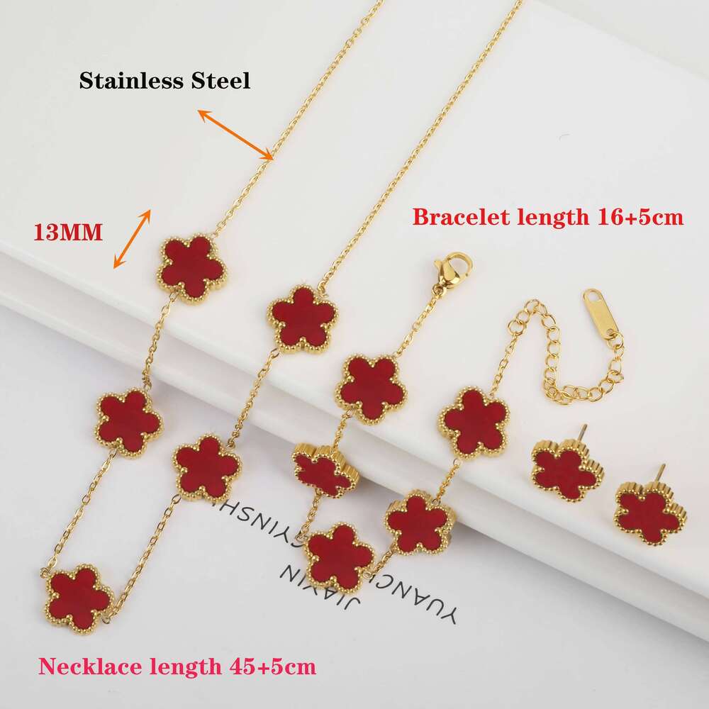 Classic Stainless Steel Five Leaf Flower Necklace Set Bracelet Earrings Simple for Woman Girl Party Daily Wear Jewelry 25H1229