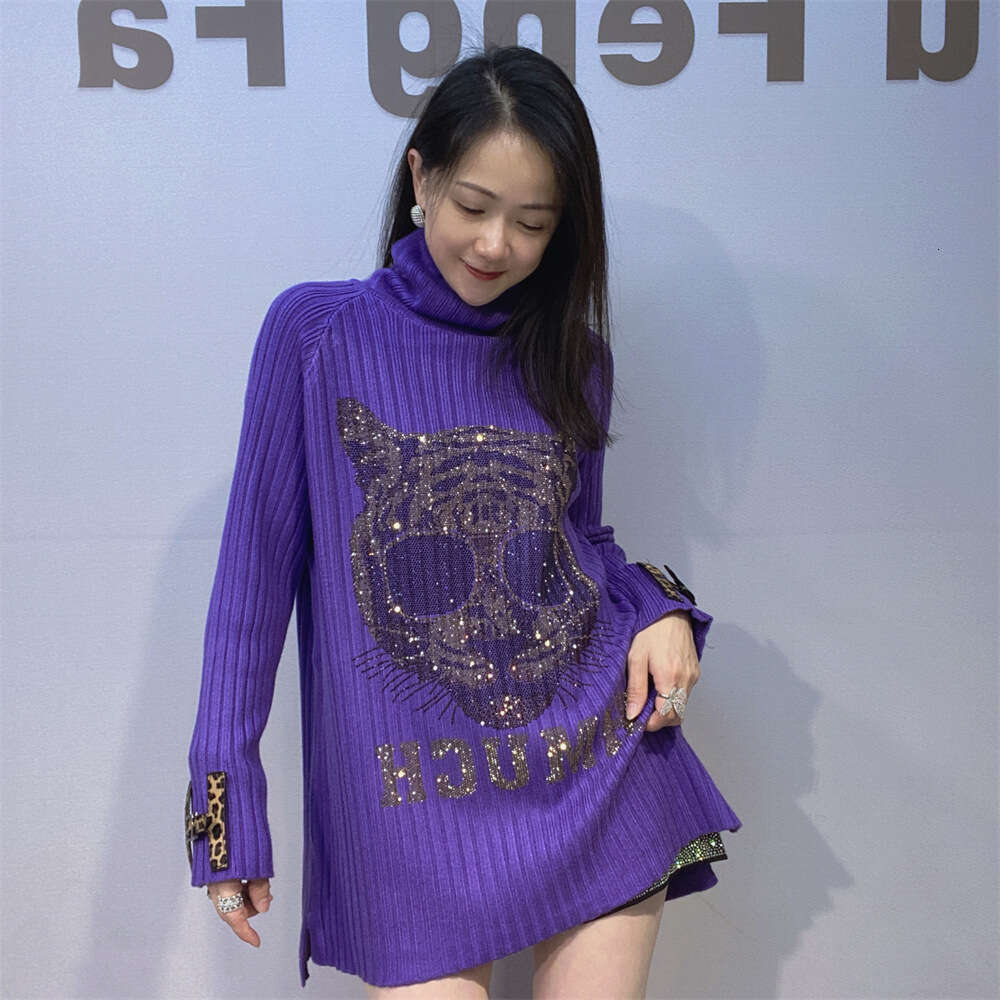 Lazy High Neck Heavy Embroidery Rhinestone Outerwear Sweater For Women Autumn Winter Korean Style Mid-Length Inner Wear Women's Base Knitwear