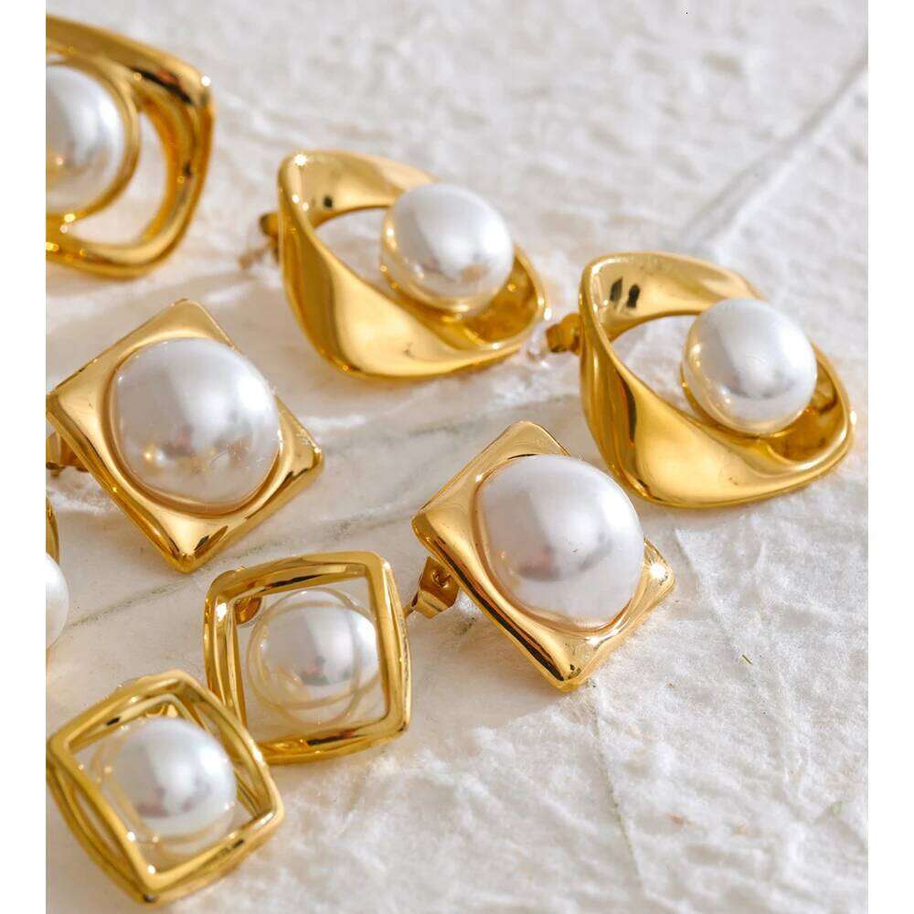 Yhpup Korean Style Simulated Pearls Square Geometric Stud Earrings Golden Stainless Steel Attractive Chic Jewelry Wholesale Liuyuemoshang