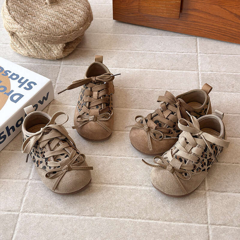 Children's Training 2025 Spring and Autumn New Korean Style Girls' Leopard Print Bowknot Forrest Gump Boys' Running Shoes