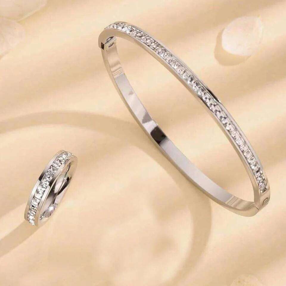 ZAKOL Simple Shiny Zircon Inlaid Stainless Steel Bracelet Ring Set for Women Exquisite Daily Vacation Jewelry