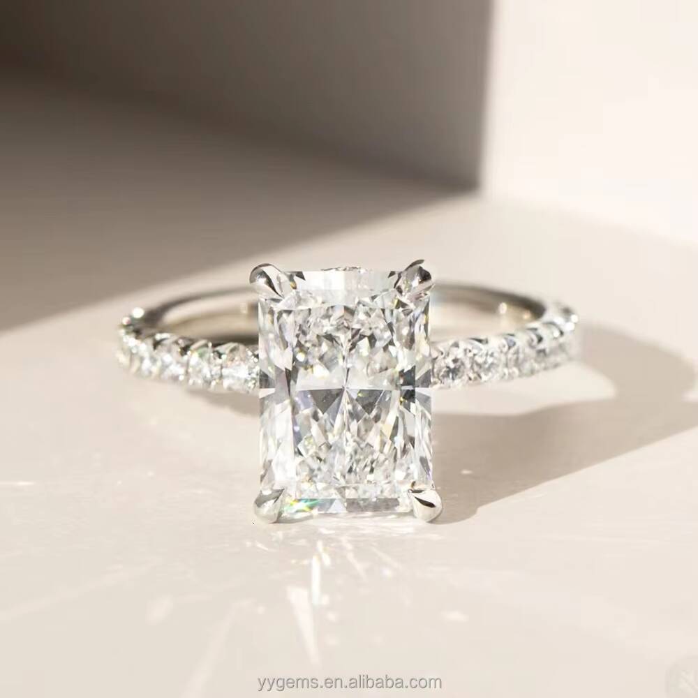 Romantic Ice Crushed 7x10MM Radiant with French Pave Band Moissanite 18K White Gold Wedding Ring Fine Women Jewelry Rings