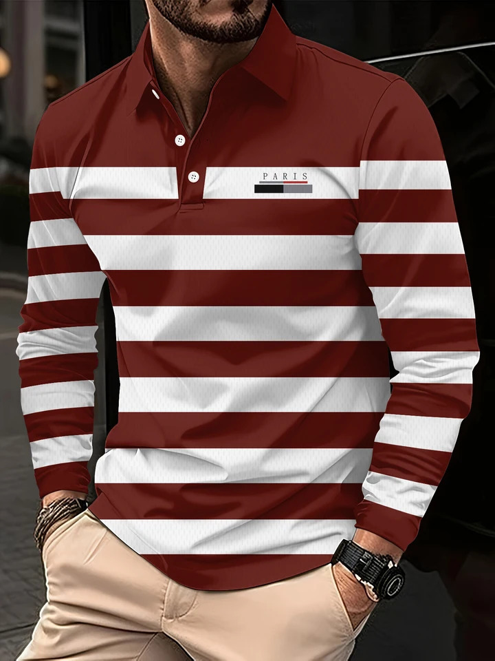 3D Paris Printed Mens Polo Shirts Autumn Classic Stripes Color Matching Fashion Turndown Collar Buttoned Long Sleeve Tops 251219