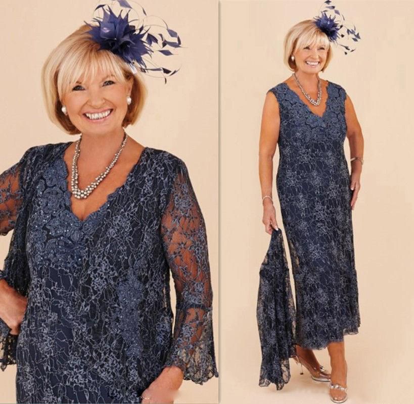 New Arrival Tea Length Mother of the Bride Dresses with Jacket Full Lace Crystal Plus Size Formal Groom Mother Dress