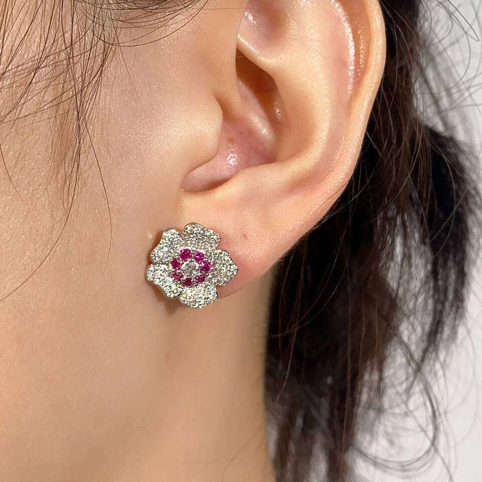 ZAKOL Bling CZ Flower Stud AAA Cubic Zirconia Aesthetic Women's Ear Accessories Bright Red Earrings Trendy Jewelry Gift