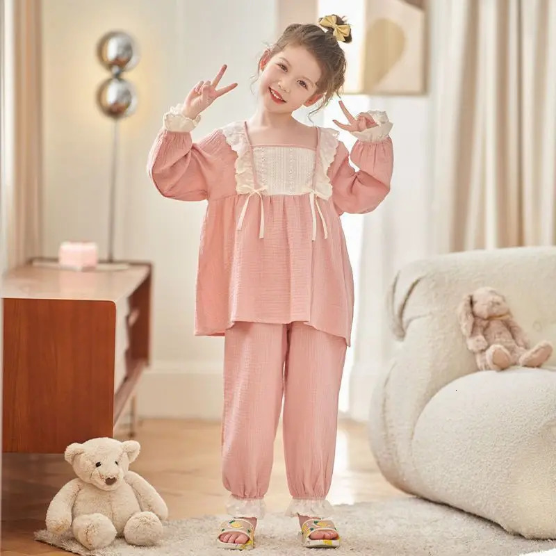 2025 Spring Autumn Girls Long Sleeve Pajamas Set Medium To Large Kids Cozy Home Wear Princess n Cotton Lounge Sets 251215