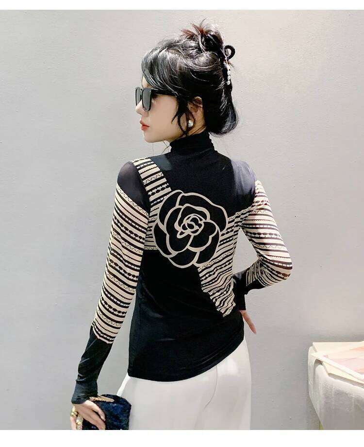 Tshirts Girhalf Turtleneck Long Sleeve Slim Fit T-Shirt Top Women Autumn Spring Double-Layer Mesh Tees