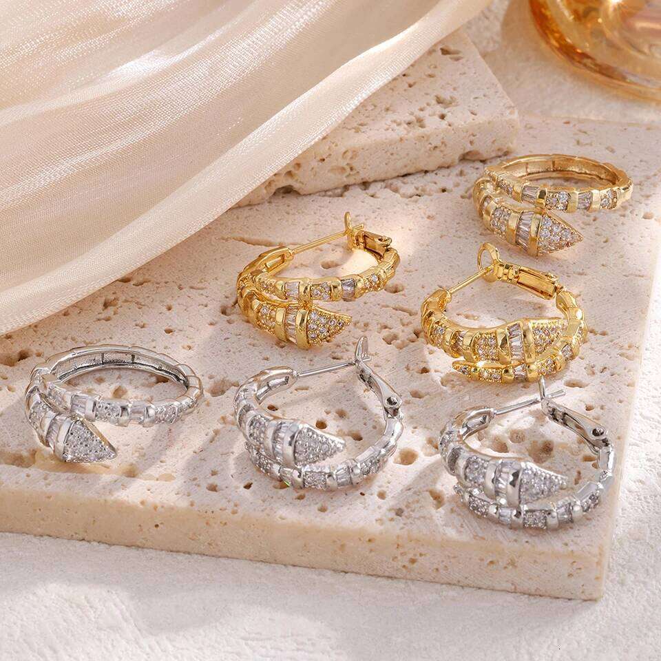 ZAKOL Trendy Snake Bone Shape Open Rings For Women Gold Silver Color Crystal Copper Ring Earrings Women's Daily Wear Jewelry Set