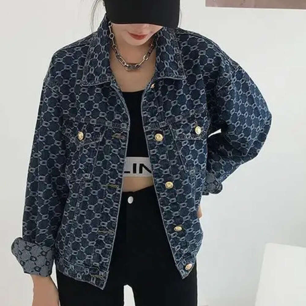 Women's Loose Designer Fashion 2026 New Stitched POLO Collar Button Casual Jacquard Long Sleeve Denim Jacket