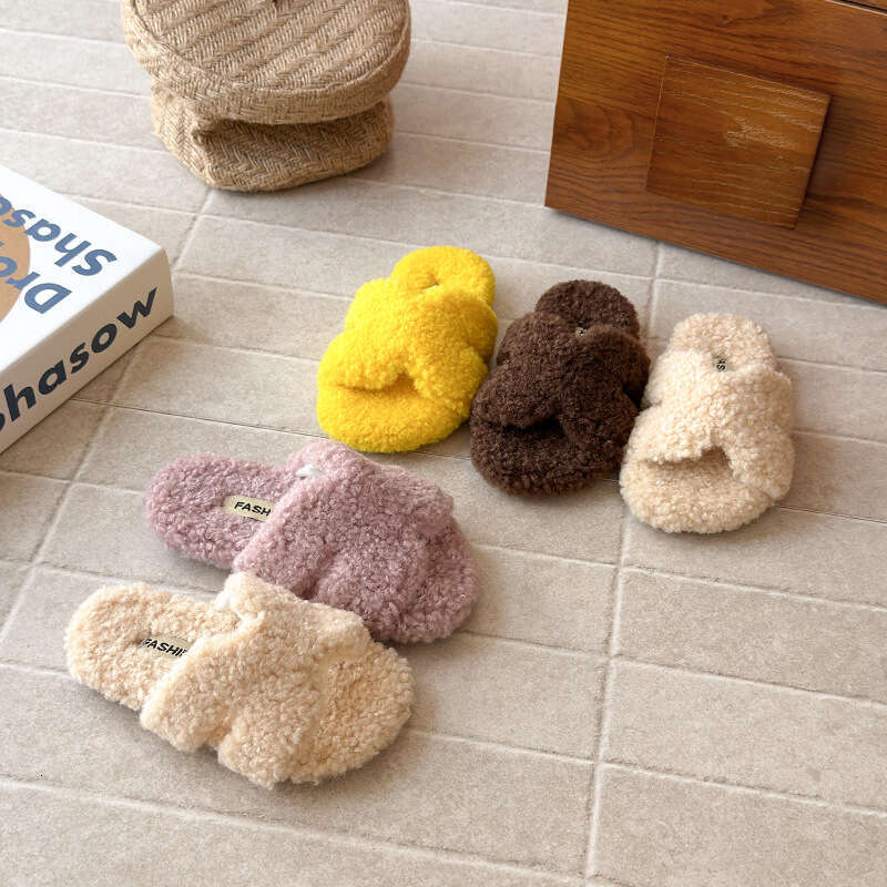 Children's Retro French Style Slippers 2025 Autumn Winter New Korean Version Girls' Soft Sole One-Word Furry Shoes