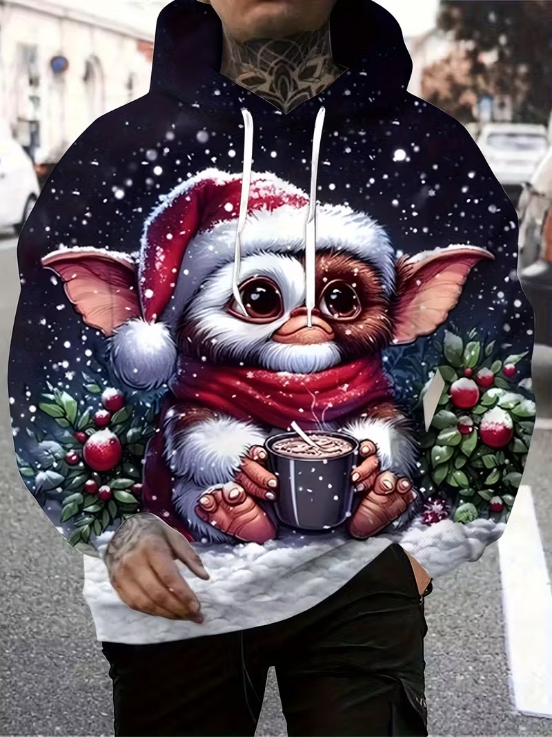Christmas Limited Edition Men's Hoodie Cute Monster Snow Scene Print Autumn/Winter Oversized Casual Holiday-Themed Pullover Hoodie