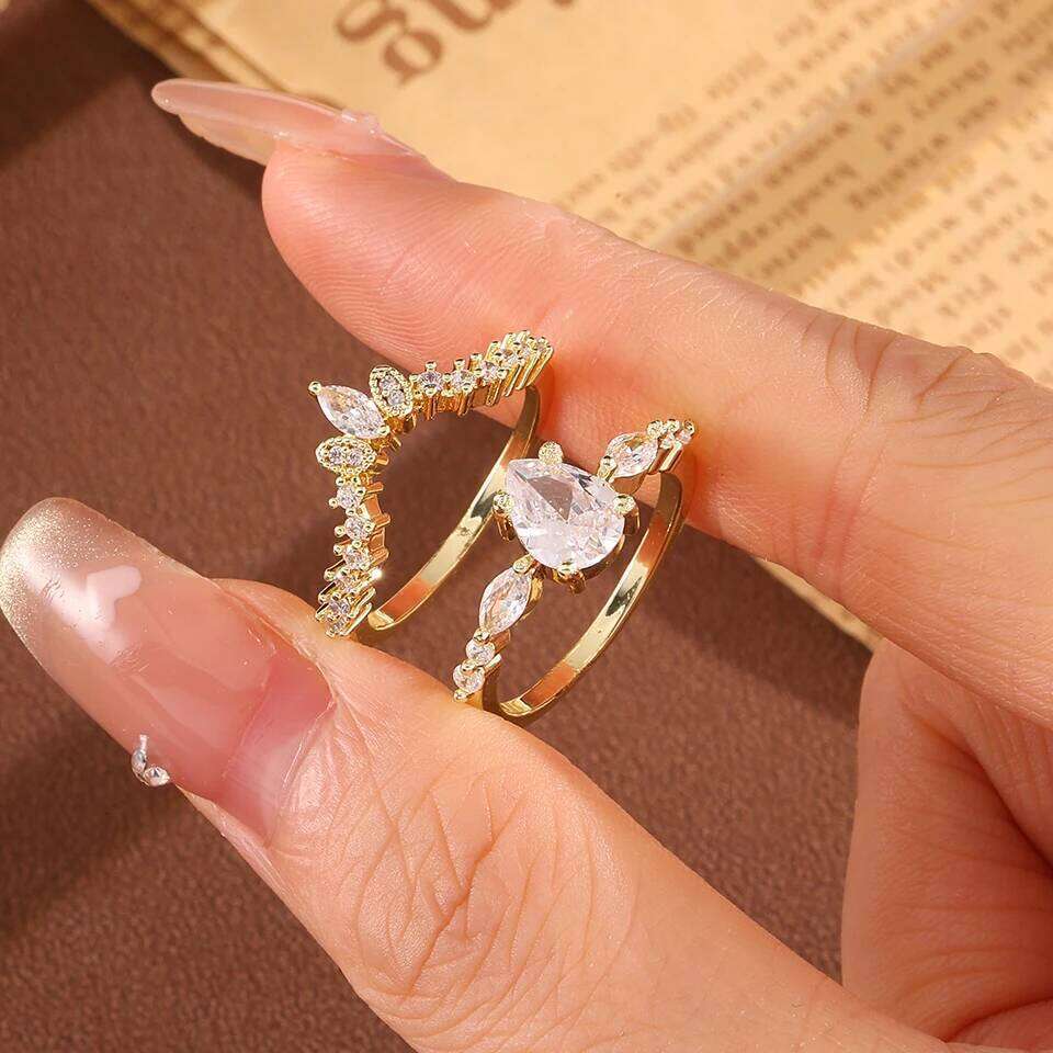 ZAKOL 2Pcs/Set Cubic Zirconia Set Rings for Women Bridal Geometric Water Drop Zircon Crystal Wedding Band Engagement Jewelry