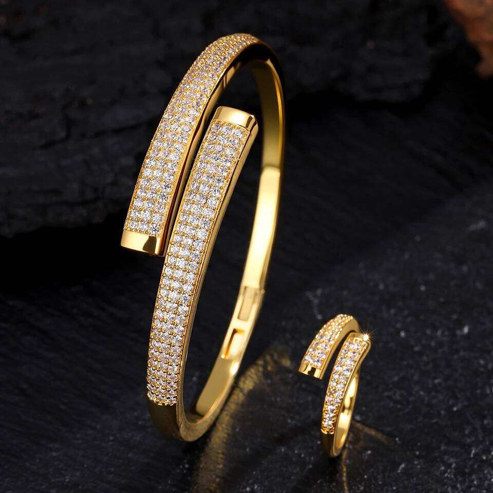 ZAKOL 9 Styles Golden Open Bracelet Ring Set Geometric Shiny Zircon 18K Gold Plated Middle East Wedding Party Jewelry