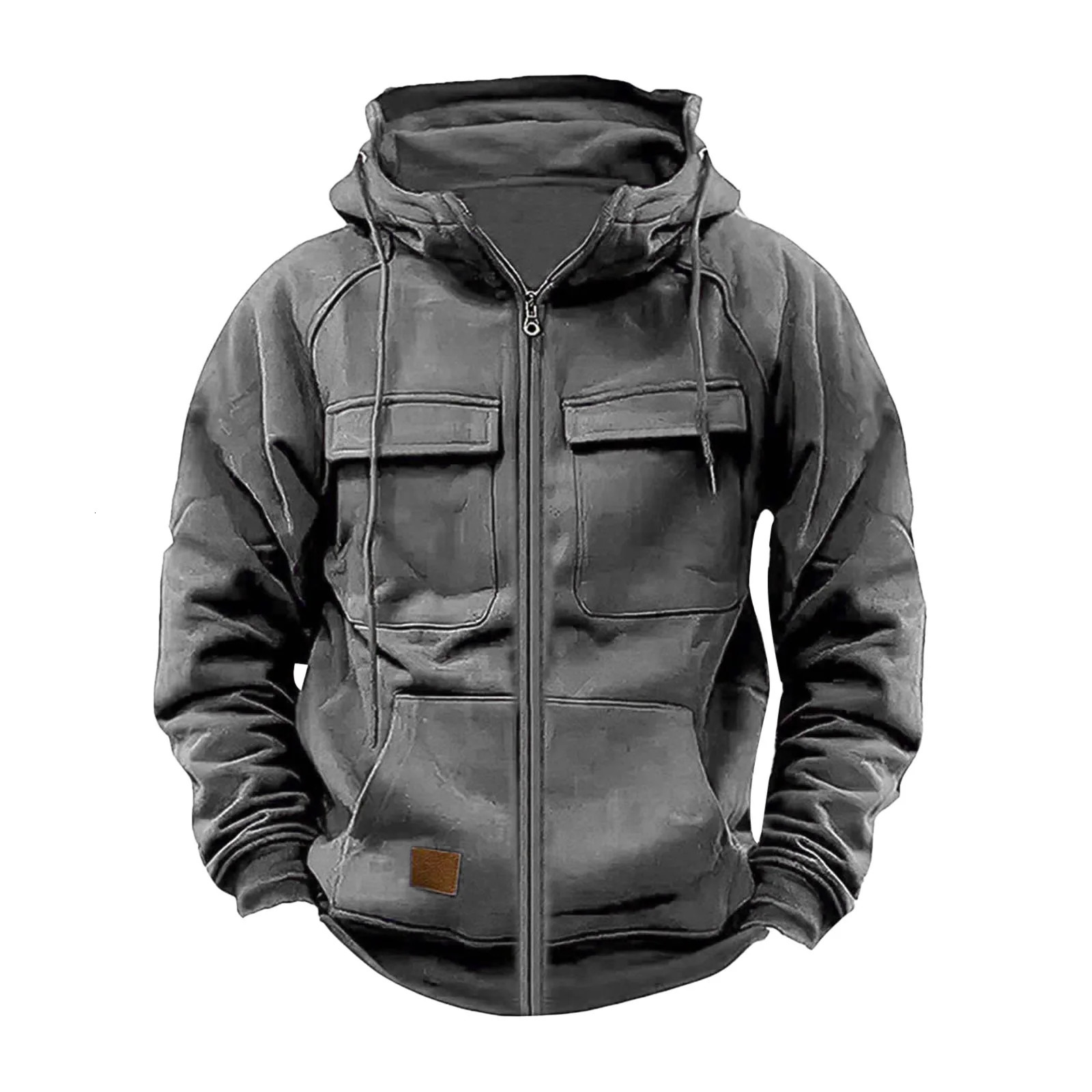 Autumn Winter Mens Hooded Solid Hoodies Jackets Multi Pockets Male Zipper Sweatshirts Sports Outdoor Casual Hoodie Coat 251225