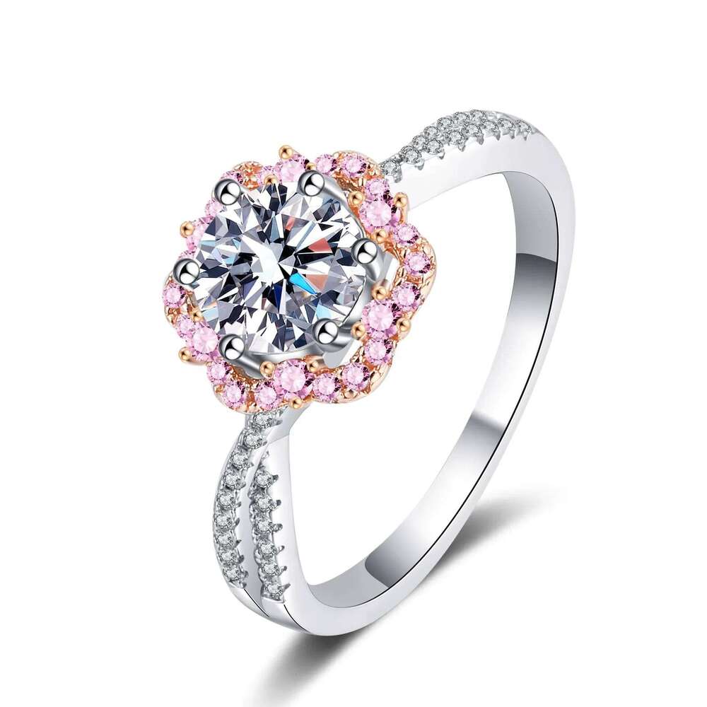 18K Women's Inlaid Ring, A High-end 1-Ct Moissanite Plum Blossom Ring with Pt950 White Gold and Rose Gold, d68