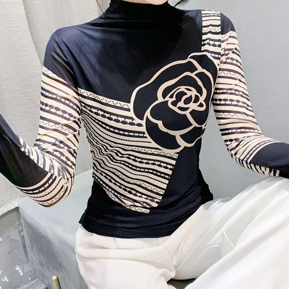 Tshirts Girhalf Turtleneck Long Sleeve Slim Fit T-Shirt Top Women Autumn Spring Double-Layer Mesh Tees