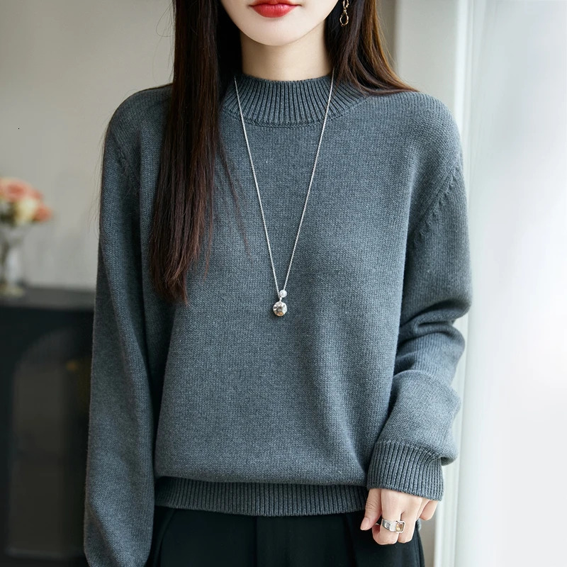 100 pure cotton womens knitted sweater solid color round neck pullover loose autumn and winter top 251216