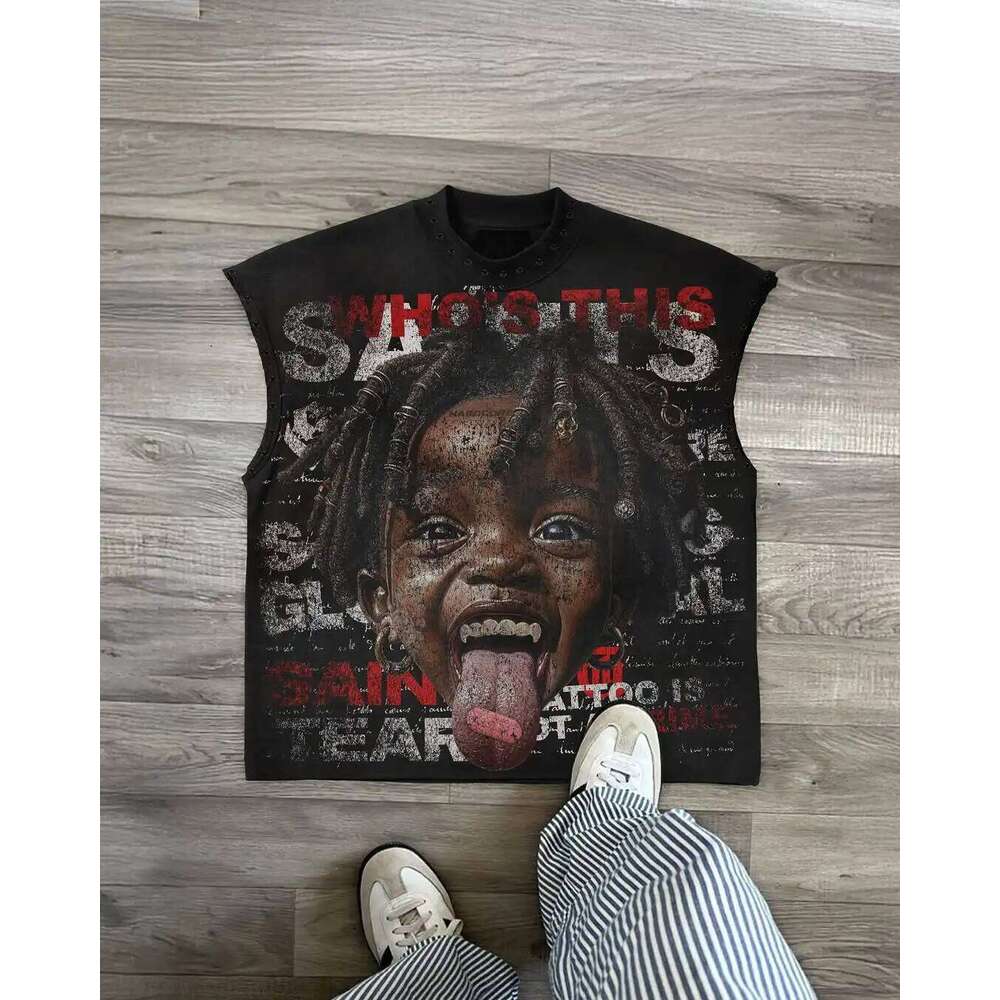 Y2K Popular Willow Nail Round Neck Vest Retro Punk Hip Hop Oversized Printed Pure Tops Classic Loose Sleeveless T Shirt