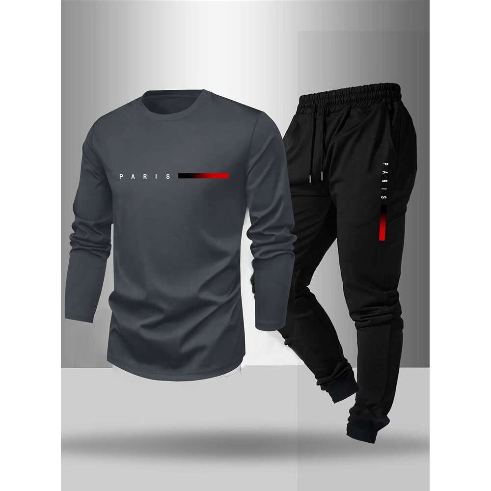 WONST Sportswear Men S And Set Spring Autumn With Paris Letter Print Crew Neck Long Sleeve T Shirt Drawstring Outdoor Casual Sports Pants Set Piece