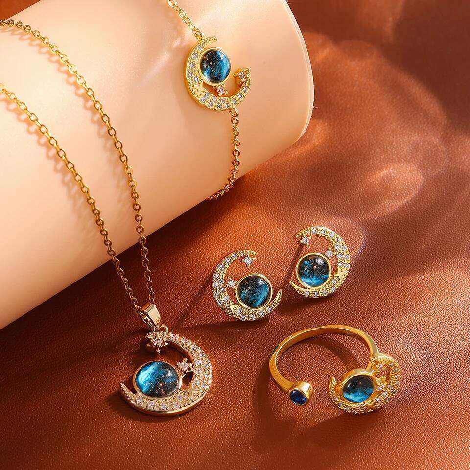 ZAKOL 5pcs Blue Space Planet Moon Zircon Jewelry Set Sliver Gold Color Stainless Steel Bracelet Necklace Ring Earrings Gift