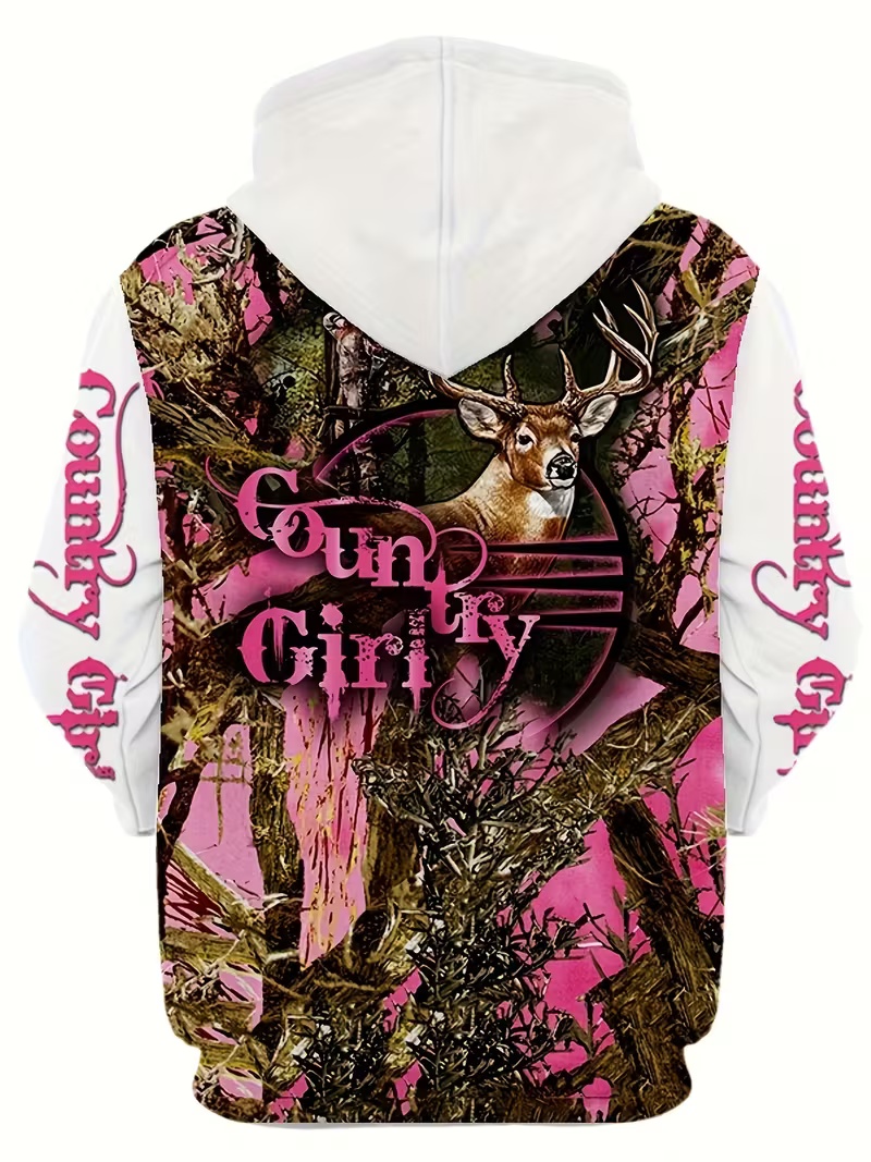 Trendy Men's Hoodie with Pink Camouflage Deer Head Country Girl Print Relaxed-Fit Casual Outdoor-Style Pullover Hoodie