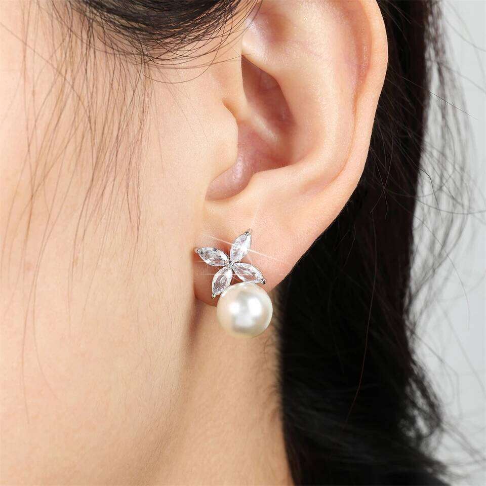 ZAKOL 2 Pcs Simple Marquise Zircon Pearl Stud Earrings Necklace Sets for Women Charm Jewelry Gift Wholesale