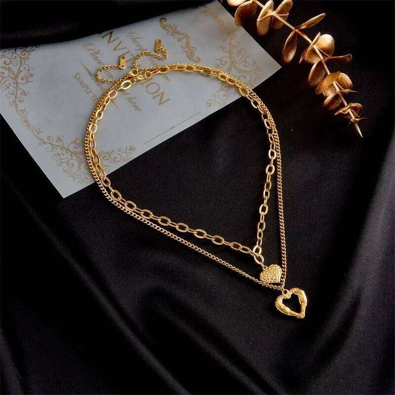 ZAKOL Stainless Steel Double Heart Pendant Necklace for Women Fashion Gold Color Stacked Waterproof Choker Jewelry Gift