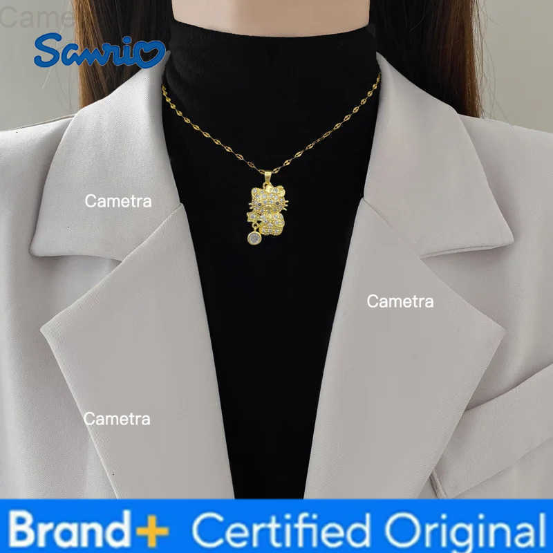 Sanrio Cute Zircon Hello Kitty with Star Pendant Necklace for Women Girls Stainless Steel Chain Gold Color Sweet Jewelry Gifts H251229