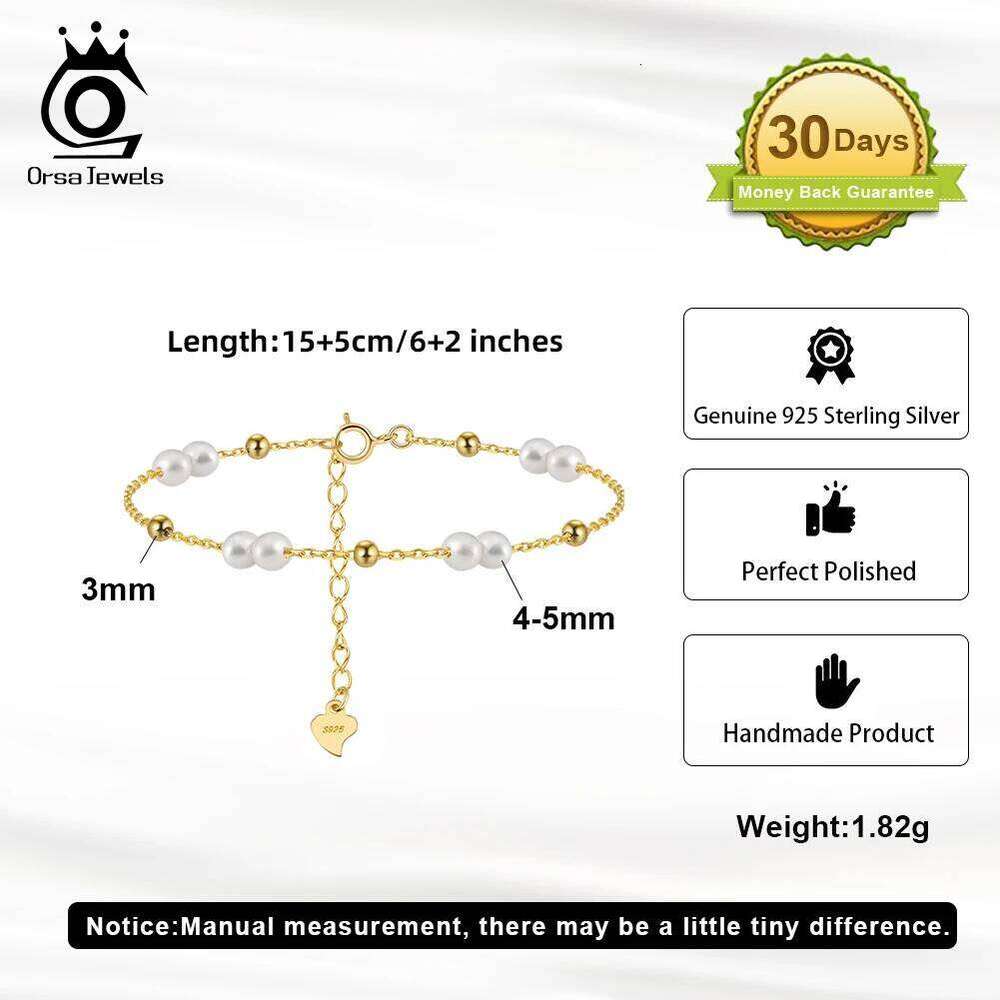 ORSA JEWELS 925 Sterling Silver Pearls Chain Vinatge 14K Gold Pearl Beads Bracelet on Hand Female Party Jewelry GPB40 25H1229