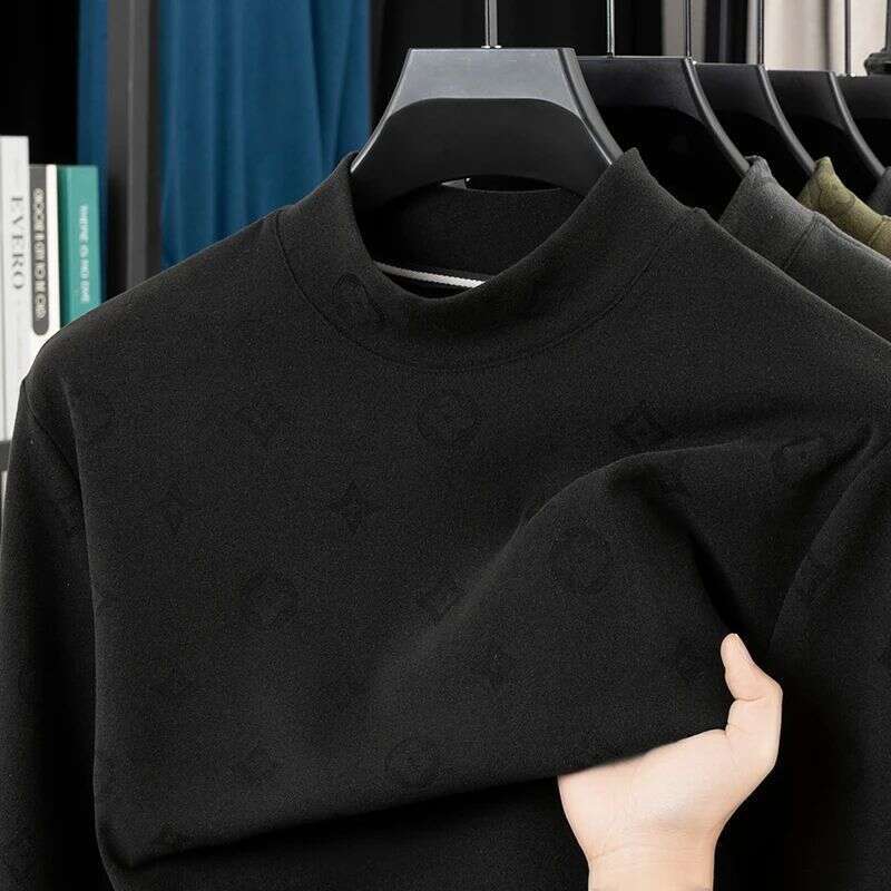 Autumn Winter New Men's Half Turtleneck De Velvet Sweatshirt Non-Iron Korean Version Printed T-Shirt Brushed Long Sleeve Top Base Shirt