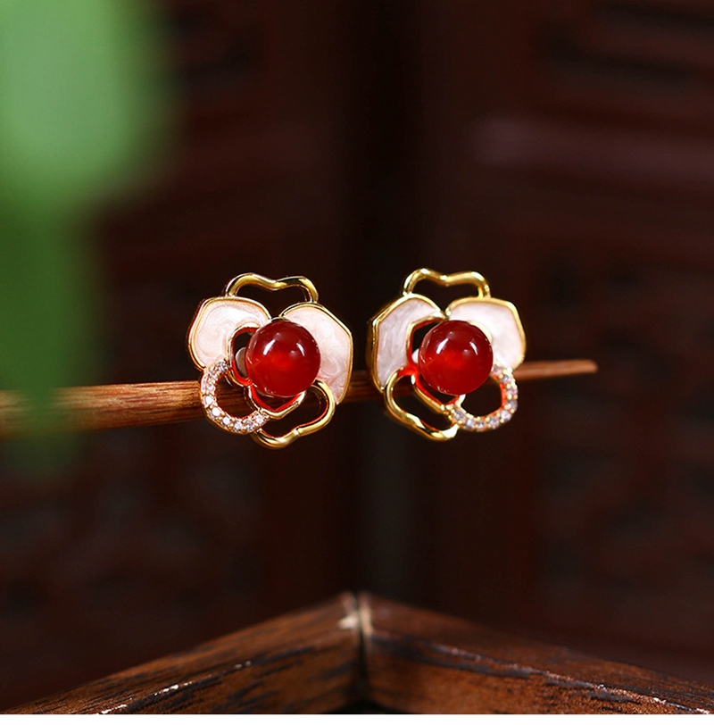 French Style Designer Earring Chinese Red Agate Camellia Rose Flower Jade Pearl Stud Earring Elegant 925 Silver High-end Jewelry wholesales drop shipp