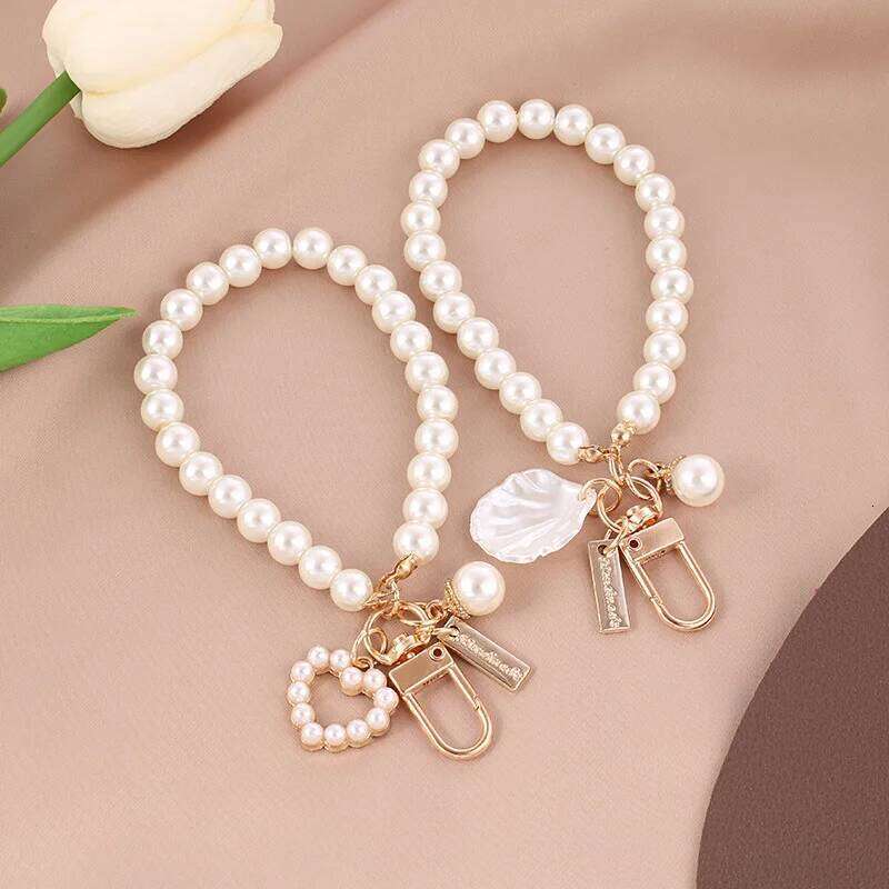 ZAKOL Cute Keychain for Women Girls Shiny Pearl Bead Shell Phone Bag Backpack Charm Accessory Car Key Chain Pendant