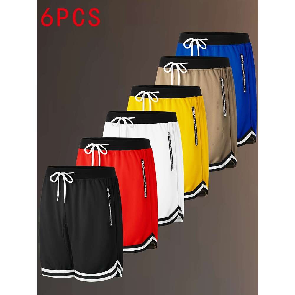 WONST Sportswear 6 Pcs Men S Athletic Shorts Summer Zippered Pockets With Drawstring Sportswear Solid Colors Stretch Fabric Regular Fit Casual Sportsw