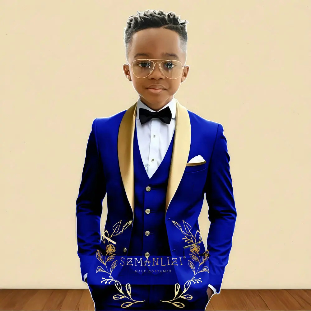 Oil Green Boys Suit 3 Pieces Wedding Tuxedo for Kids Jacket Pants Vest Gold Shawl Lapel Child 2-16 Years Old Customized Outfit 251229