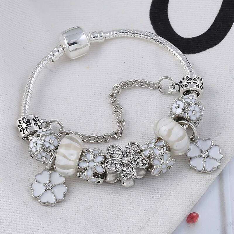 BAOPON Hot Sale White Crystal Flower Dangles Charm Plant Beads Brand Bracelet For Women Men Couple Anniversary Jewelry 25H1229