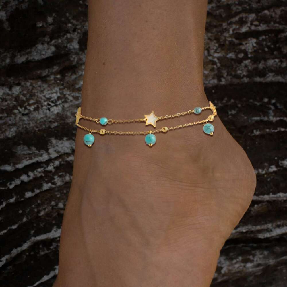 Foreign Trade Trend Turquoise Tassel Pendant Five-Pointed Star Inlaid Anklet Fashion Vacation Foot Ankle Chain Jewelry