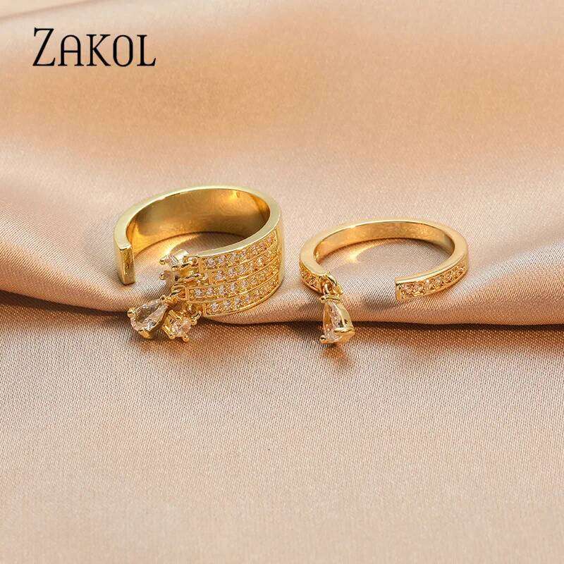 ZAKOL Brand Korea Multilayer Zircon Engagement Open Rings for Women Fashion Water Drop Party Jewelry