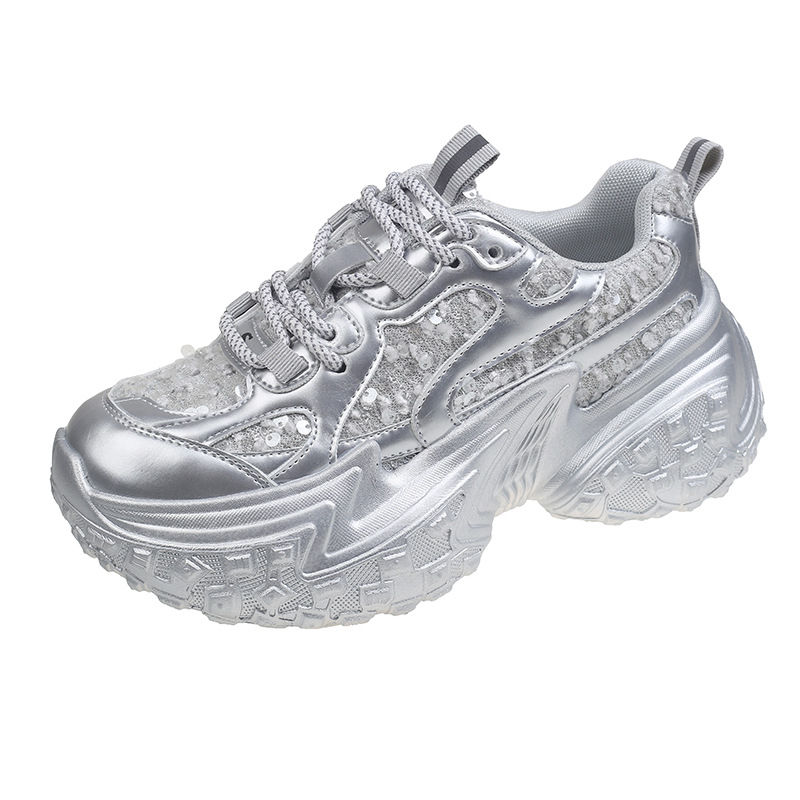 2026 Spring and Summer New Design Women Mesh Sequin Casual Shoes Tire Thick Sole Trendy Fashion Sports Shoes White Silver Black Free Shipping Size 35-