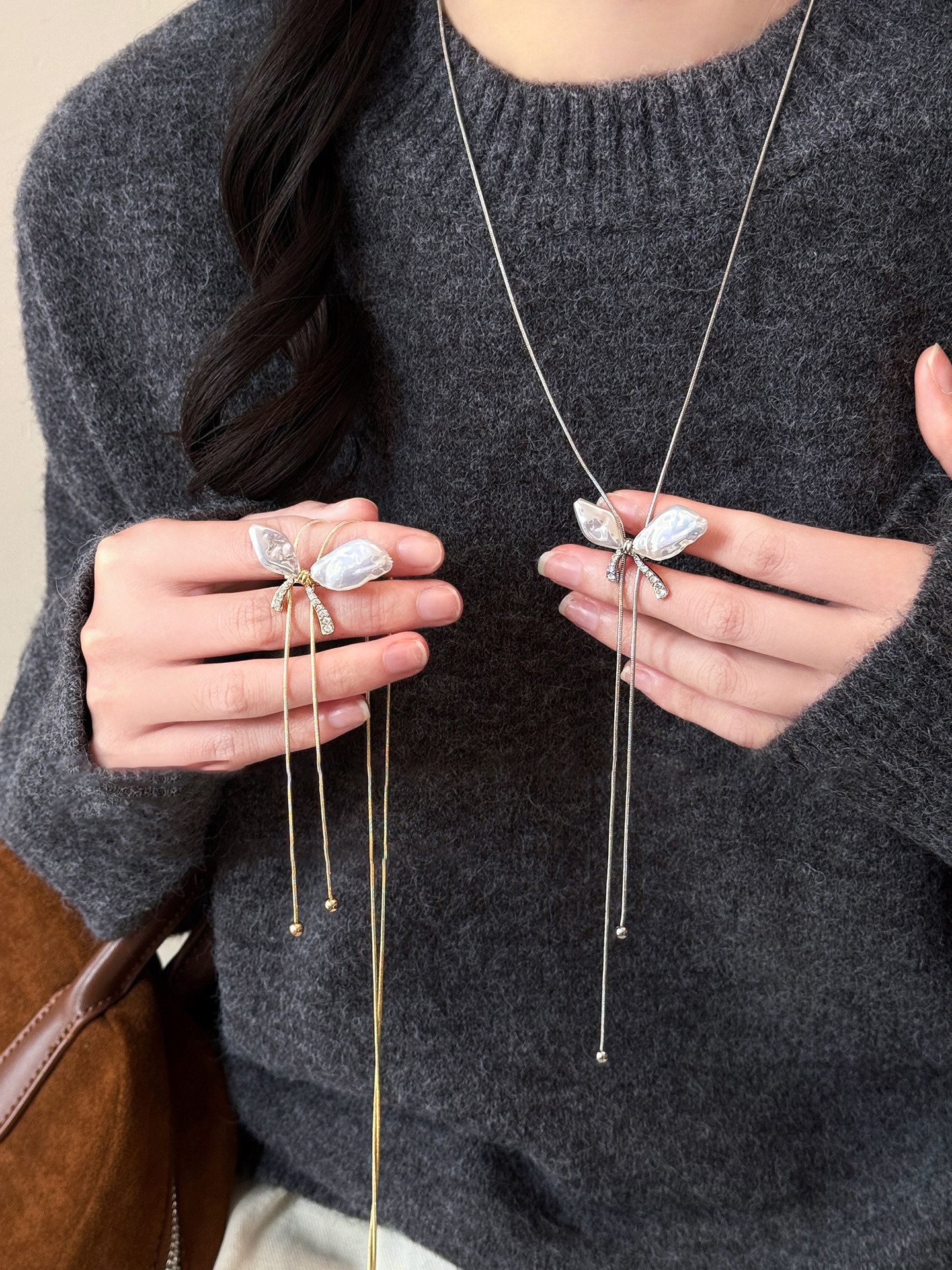 Korean Style Ins Diamond-Studded Butterfly Pearl Exquisite Elegant Temperament Versatile Sweater Chain Light Luxury High-End Sense Necklace