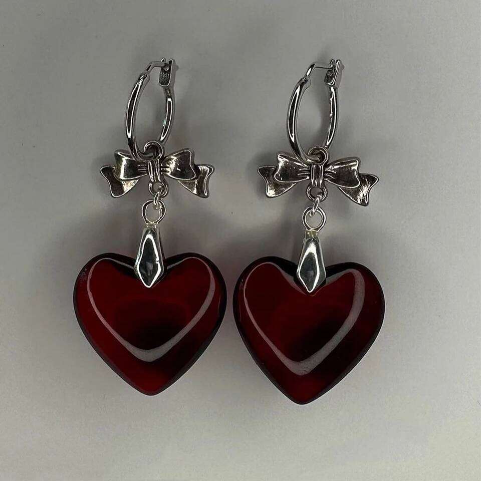 ZAKOL Y2k Sweet Harajuku Red Glass Love Heart Dangle Earrings for Women Hot Girls Korean Fashion Punk Bowknot Ear Accessories
