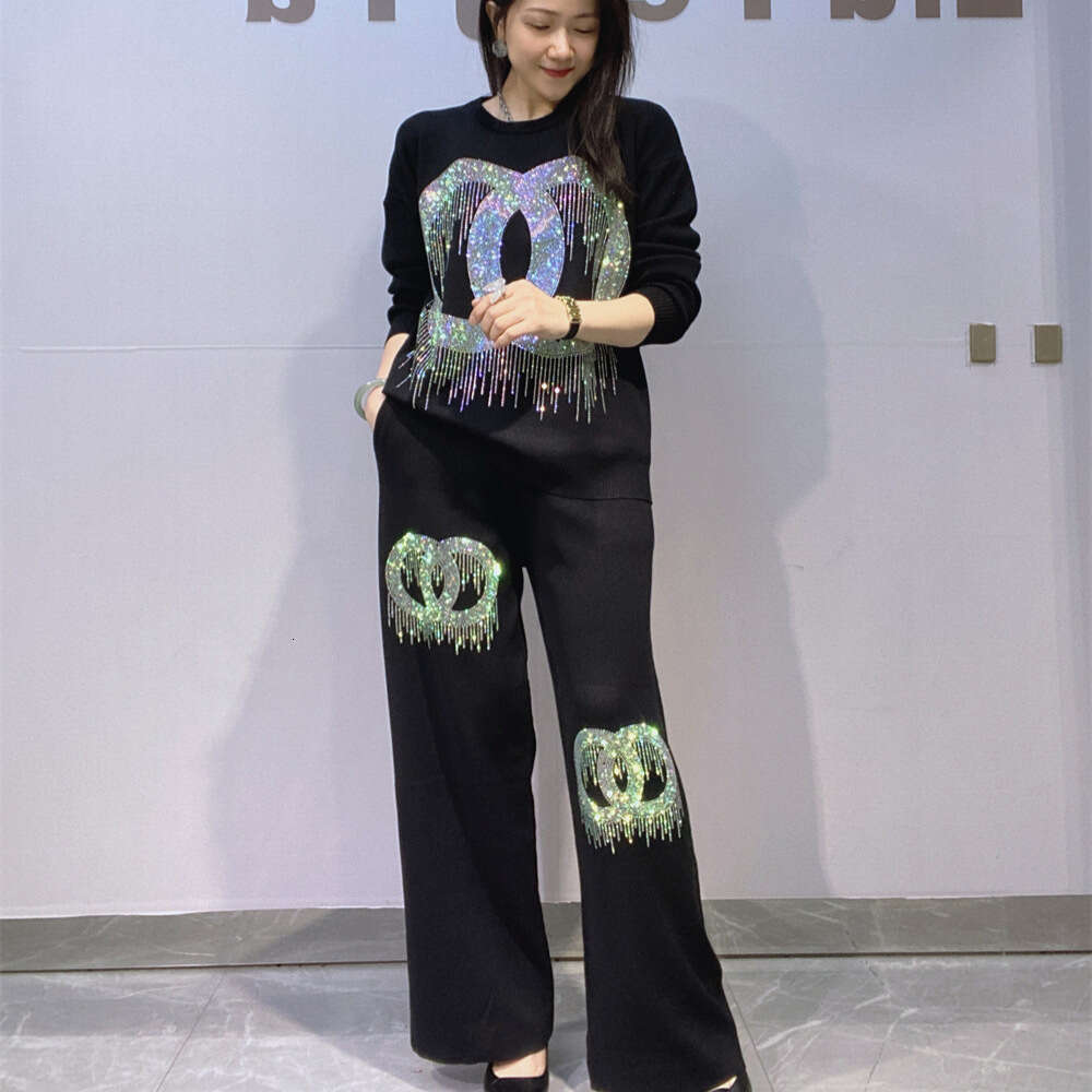 European American Fashion Rhinestone Knitted Sweater Two-Piece Women's Spring And Autumn New Casual Wide-Leg Pants Plus Size Set