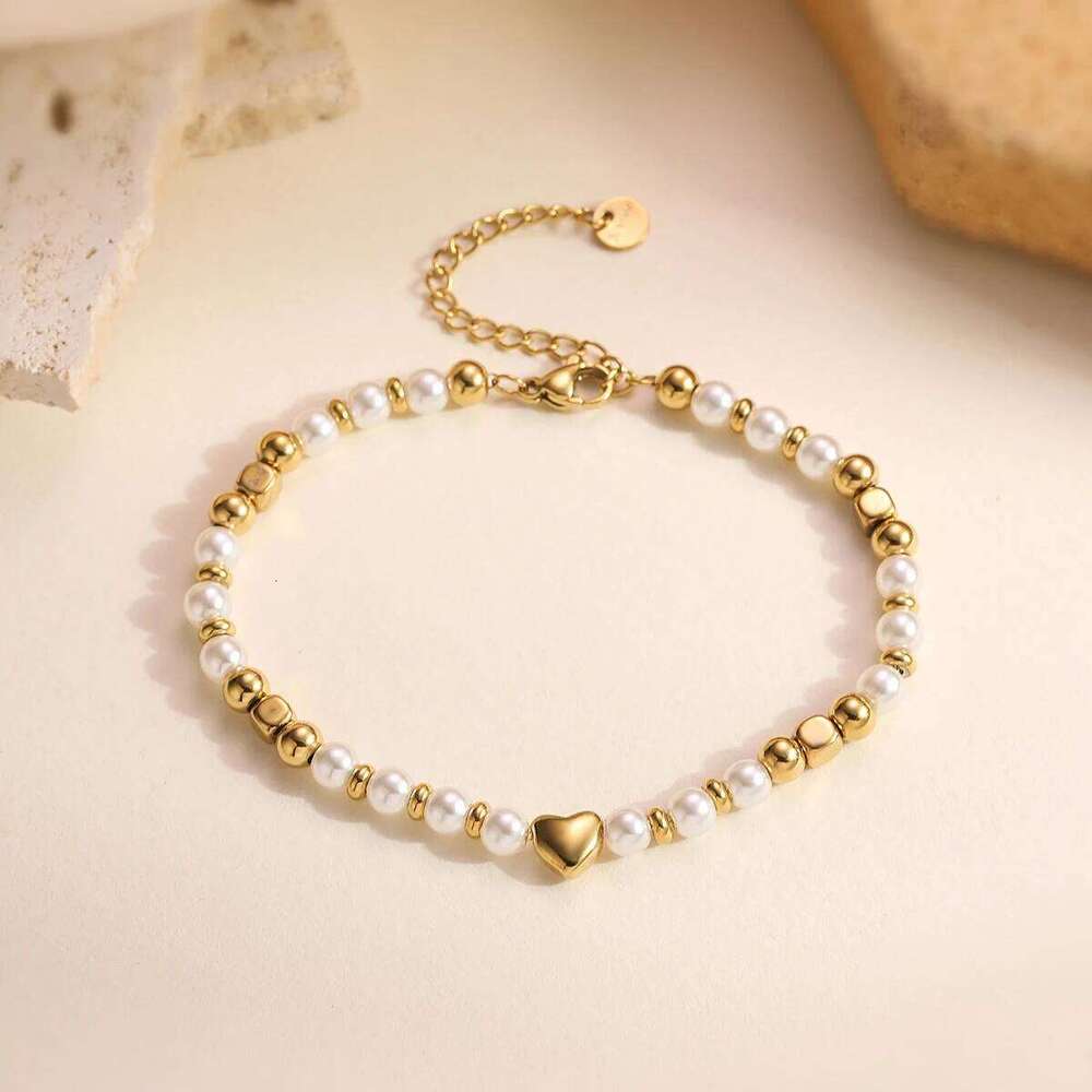 NEWBUY 2025 Trendy Gold Color Non-Fading Stainless Steel Beads Pearl Heart Bracelet For Women Daily Jewelry Accessories 25H1229