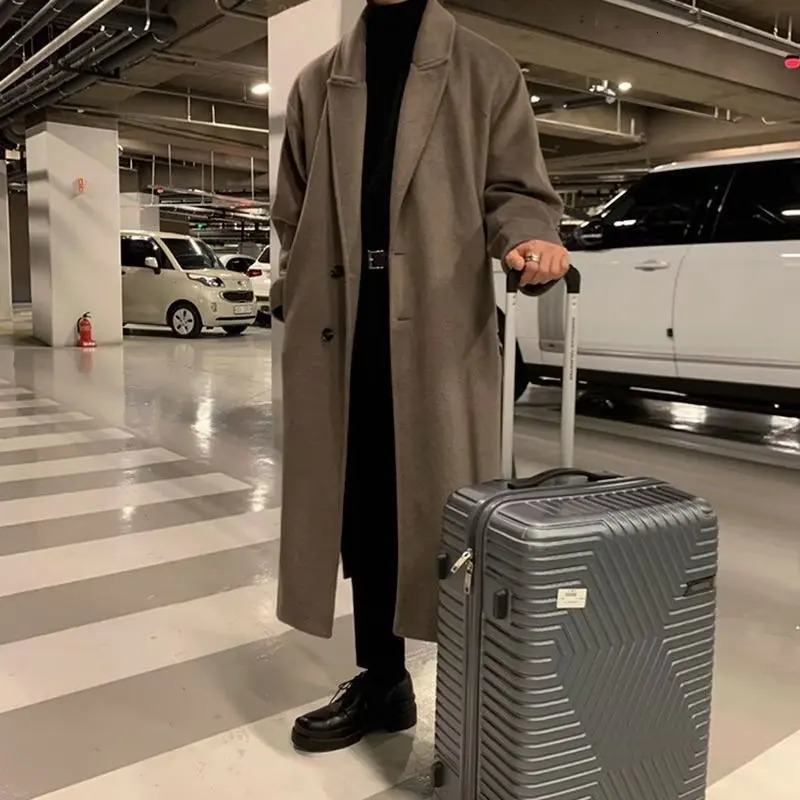 Lapel Mens Long Woolen Coat Korean Midilength Trench Coats Solid Color Classsic Mans Winter Windbreaker 251226