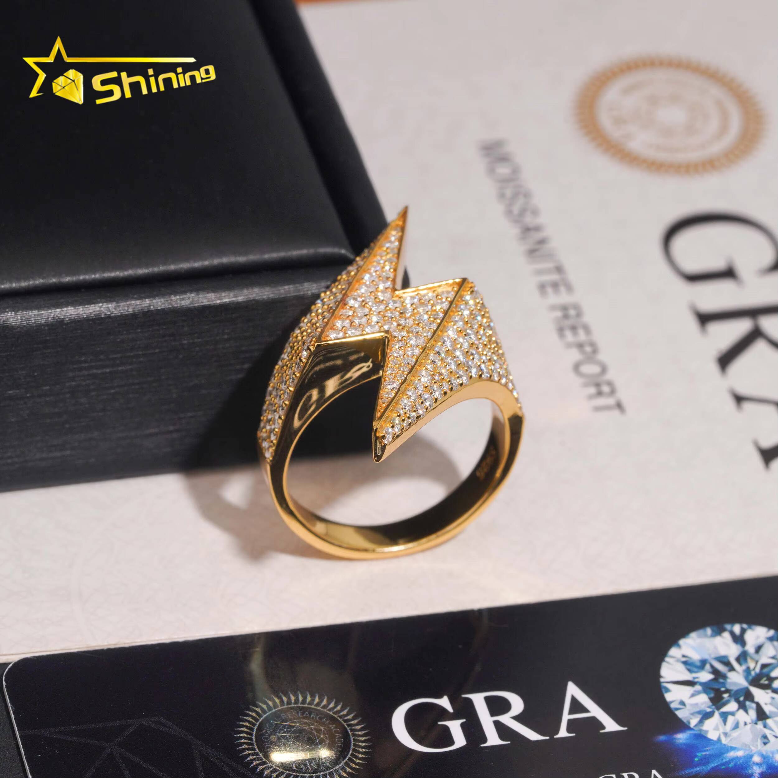 VVS Moissanite Fine Jewelry Ring High Quality 925 Sterling Silver Gold Plated Lighting Symble Pave Diamond Hip Hop Ring for Men